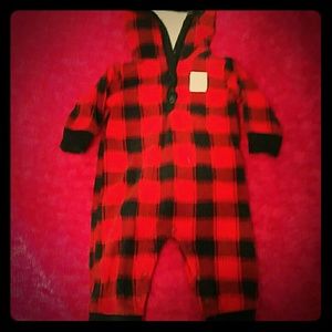 A button up from the neck fleece one piece pajama.